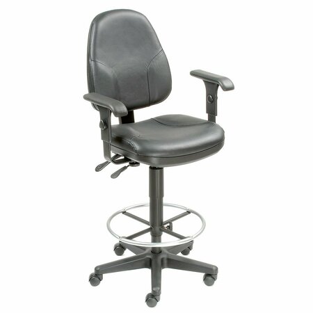 INTERION BY GLOBAL INDUSTRIAL Interion Leather Operator Stool with Arms, 360 Degree Footrest, Black 506757